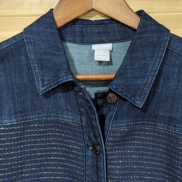 Chico's Jacket Womens Large Blue Denim Jacket with Metallic stitching Size 2 - Picture 2 of 9